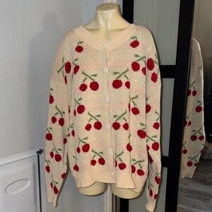 SHEIN Cream Cherry Pattern Cardigan